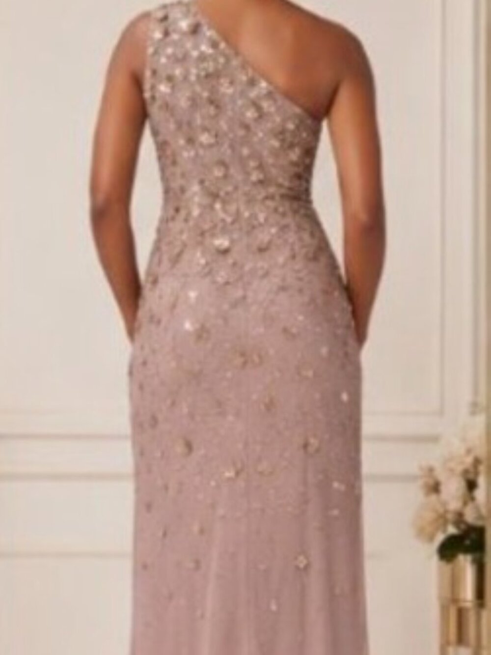 NWT Adrianna Papell Beaded One Shoulder Gown in Stone/Taupe. Size 10 - Picture 4 of 16